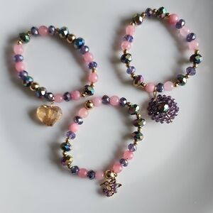 Chic Pink and Purple Beaded Bracelet Set with Gold Accents